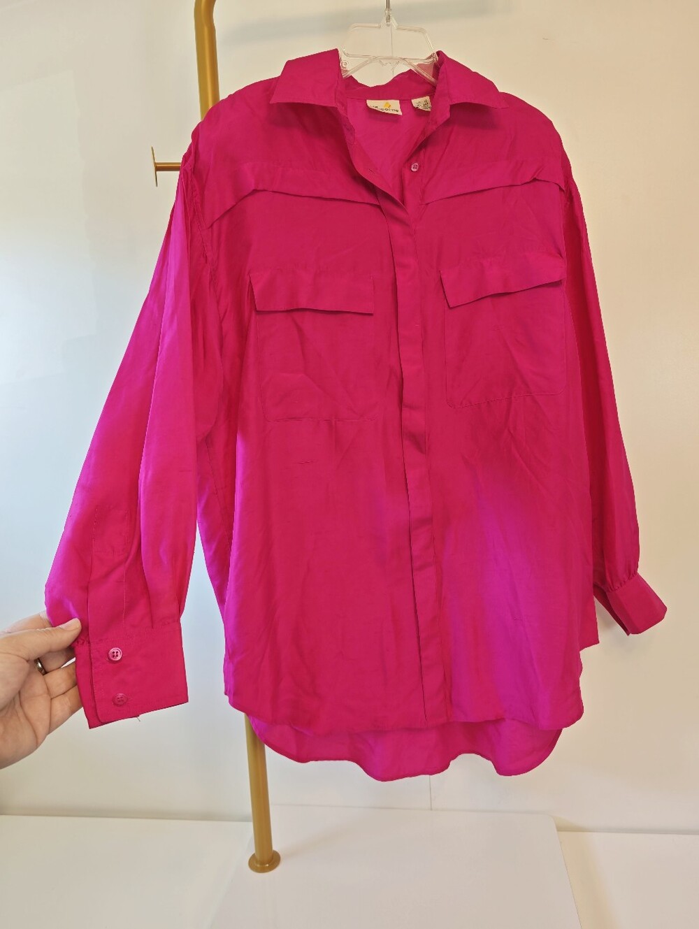 Vintage Silk Cottage Hot Pink Oversized Liz Claiborne Button-Down Shirt Sz 12